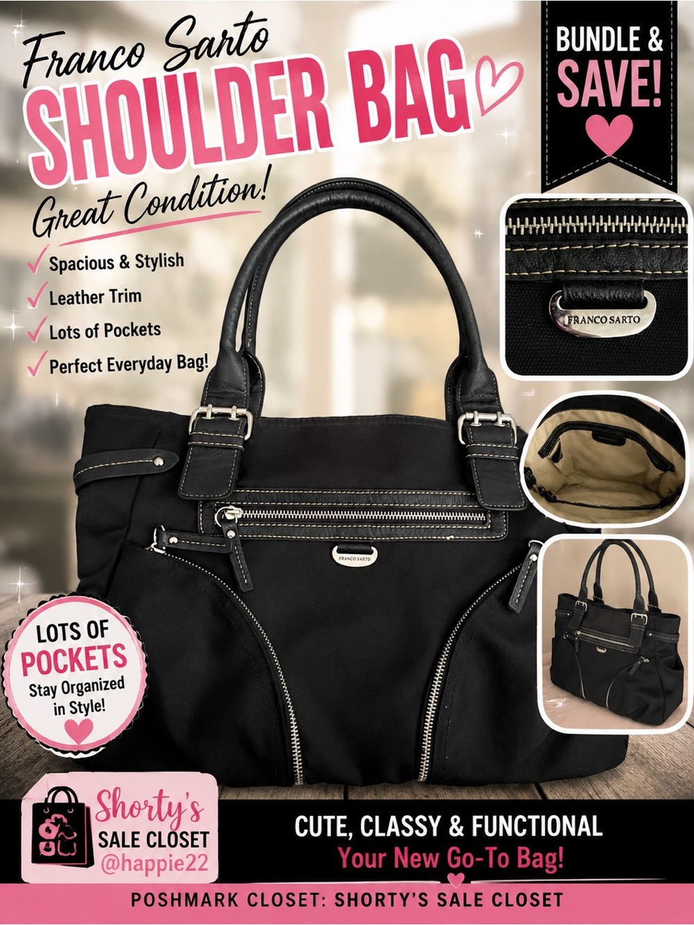 Franco Sarto Black Shoulder Tote with Silver Hardware